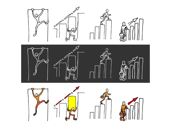 Reihe von Illustrationen, Symbole zum Thema Wirtschaft und Infografik, gehen die Menschen zu den Führungspersönlichkeiten, überwinden Schwierigkeiten. Teamwork-Ikonen — Stockfoto