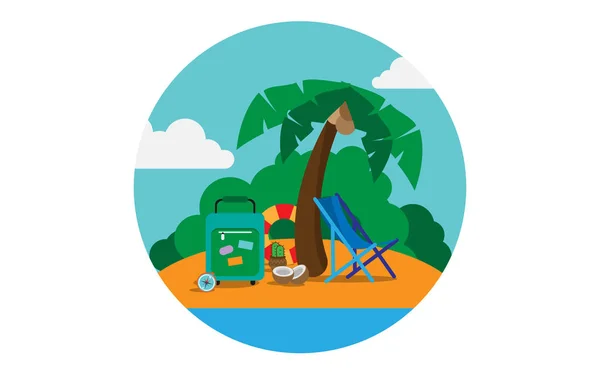 Isla en el mar con una maleta, una silla y una brújula, salvavidas y palmeras con cocos . —  Fotos de Stock
