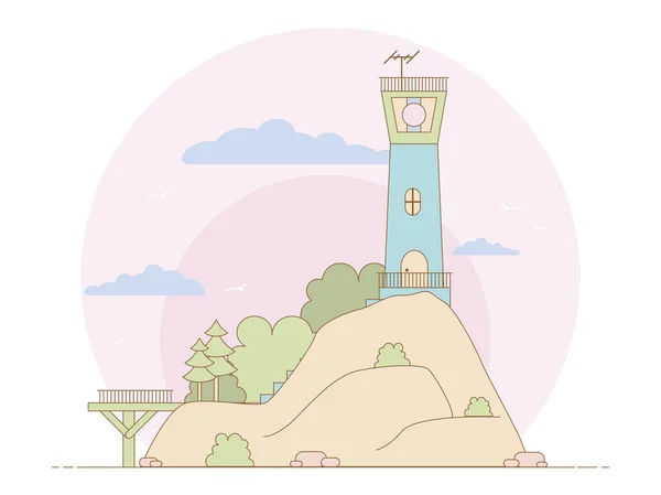 Leuchtturm auf der Insel, umgeben von Vegetation und Bergen. Hintergrund Landschaft — Stockfoto