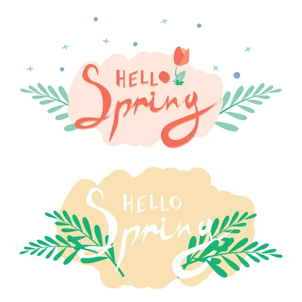 Hola Primavera mano bosquejado logotipo, icono de tipografía de la insignia. Letras temporada de primavera con hoja para tarjeta de felicitación, plantilla de invitación . — Vector de stock