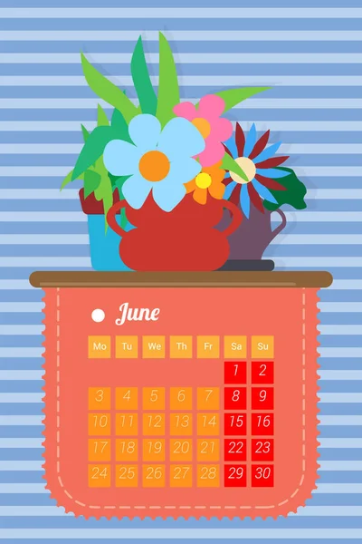 Calendário para o mês de verão junho para a temporada de verão . — Vetor de Stock