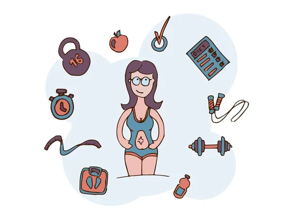 Uma menina envolvida em fitness e esportes faz planos para o futuro, planeja uma dieta. Ilustração vetorial —  Vetores de Stock