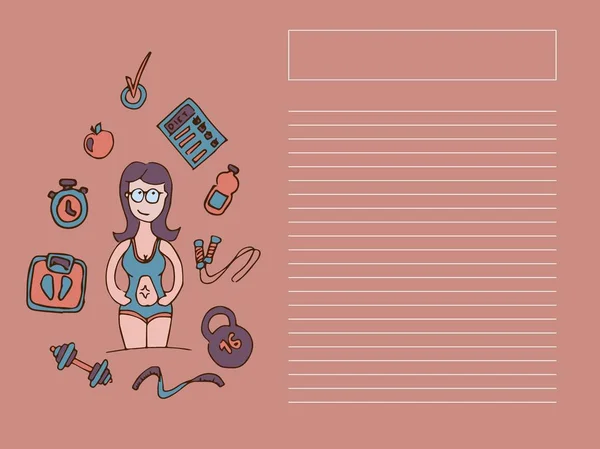 Una chica dedicada a la aptitud y los deportes hace planes para el futuro, planea una dieta. Ilustración vectorial — Archivo Imágenes Vectoriales