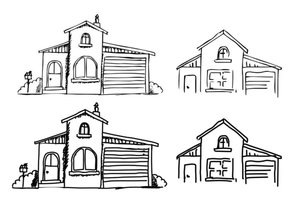Sevimli bir çizgi film tarzında bir el çizilmiş ev ayarlayın. bir binanın modern kroki. Eski evler, şehir binaları. Yaratıcı vektör illüstrasyon. — Stok Vektör