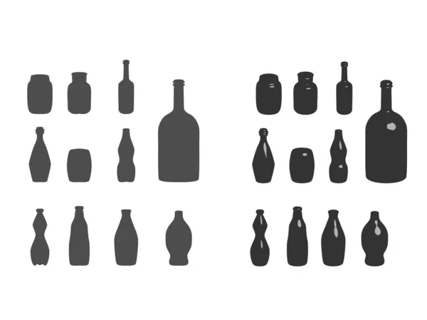 Siluetas y modelos de botellas y latas. Ilustración vectorial aislada sobre fondo blanco . — Archivo Imágenes Vectoriales