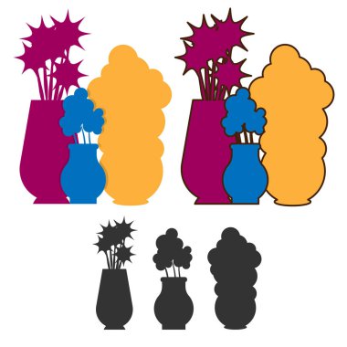 Çiçek siluetleri. Siyah ve çok renkli versiyonlarda. beyaz arka plan üzerine illüstrasyon.