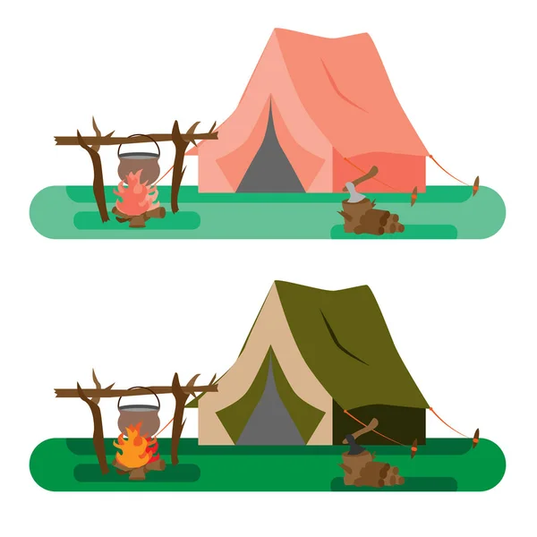 Namiot turystyczny i garnek z jedzeniem na ogień, a także drewno opałowe z siekierą w przyrodzie. Ilustracja wektorowa — Wektor stockowy