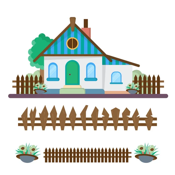 Dom na wsi, krajobraz z ranczo. Pełny kolor ilustracja wektorowa — Wektor stockowy