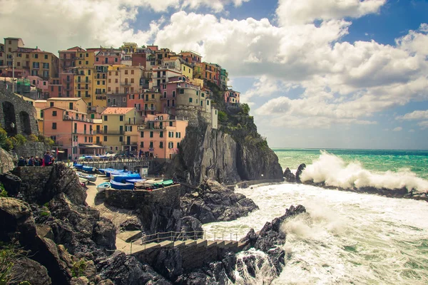 Прекрасний Вид Місто Manarola Одним Яти Знаменитий Барвисті Сіл Національного — стокове фото