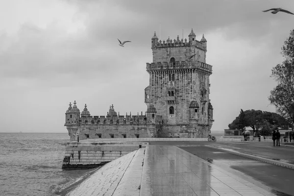 Torre Belem Río Tajo Lisboa Portugal Foto Blanco Negro — Foto de Stock