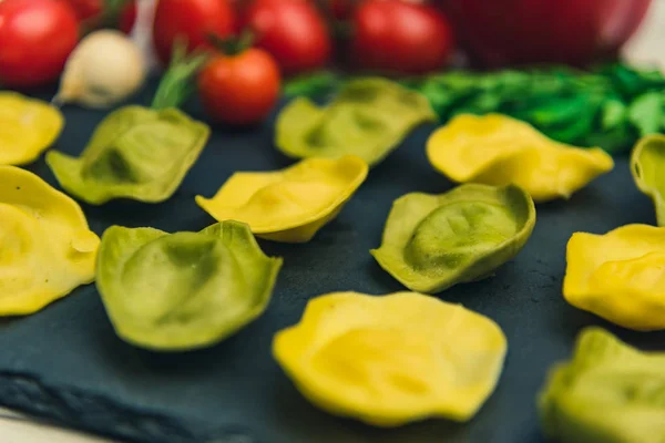 Classic Ravioli Filled Basilico Cheese Platter Stone Vegetarian Food Close — Stock Photo, Image