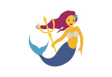  Denizkızı üç dişli mızrak fantezisi güzel siren emoji sembolü simge vektör çizimi izole edilmiş düz
