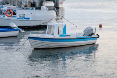 Küçük balıkçı tekneleri ve yolcu feribotu bulutlu bir gökyüzünün altında palmiye ağaçlarıyla dolu sakin bir limanda huzur içinde dinleniyor..