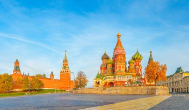 Beautiful view of the Red Square with Moscow Kremlin and St Basil's on a bright autumn morning, the most visited landmark in Moscow. Russia clipart