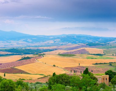 gün batımında Toskana Vadisi, birçok konuk villalar tepelerde, olgun buğday alanları Panoraması