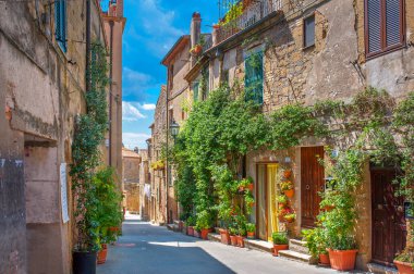 Güzel çiçek sokak Toskana bölgesindeki ortaçağ bir köyde. Pitigliano. İtalya