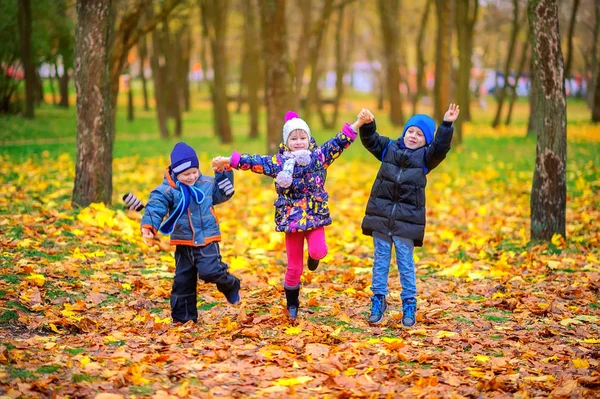 Mutlu Çocuklar Oynamak Güzel Sonbahar Parkta Eğlenmek — Stok fotoğraf