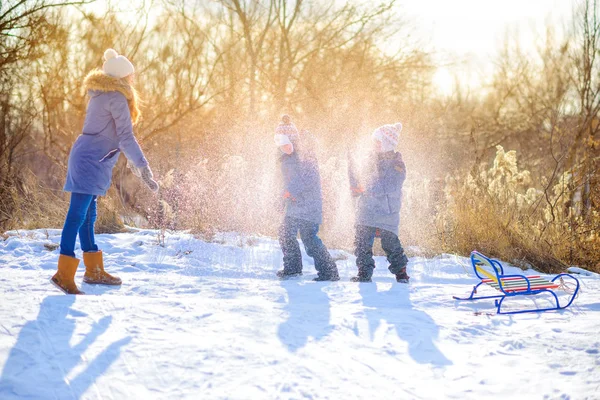 Děti Hrají Zimním Lese Při Západu Slunce Pokrytá Sněhem Fun — Stock fotografie