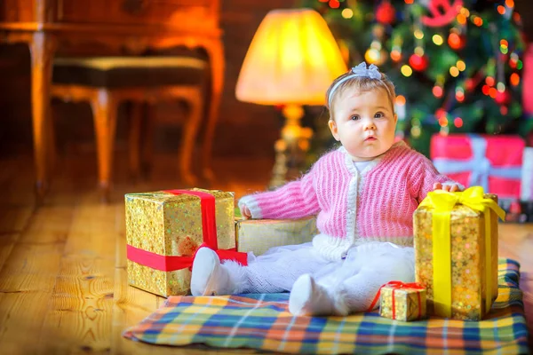 Funny Baby Sitting Floor Gifts Background Festive Christmas Tree — Stock Photo, Image