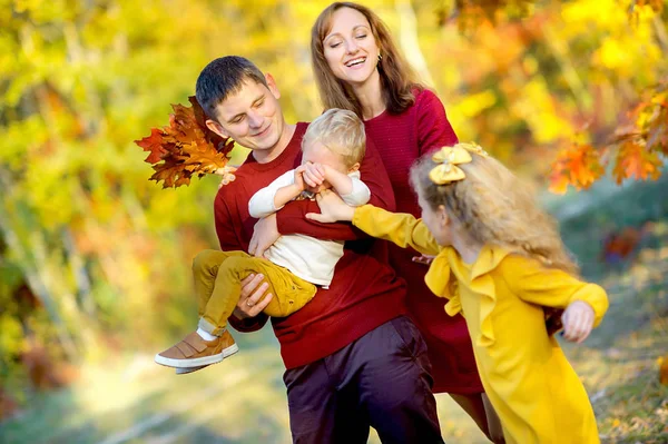 Gelukkige Familie Spelen Plezier Hebben Een Prachtig Herfst Park — Stockfoto