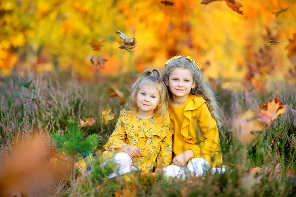 Twee Meisjes Heldere Jurken Knuffelen Zittend Het Gras Het Avond — Stockfoto