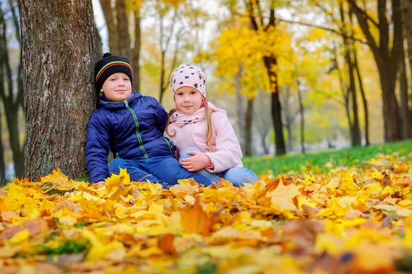 Маленький Парень Девушкой Сидящей Рядом Деревом Осенней Листве — стоковое фото