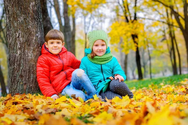 Маленький Парень Девушкой Сидящей Возле Дерева Осенней Листве — стоковое фото