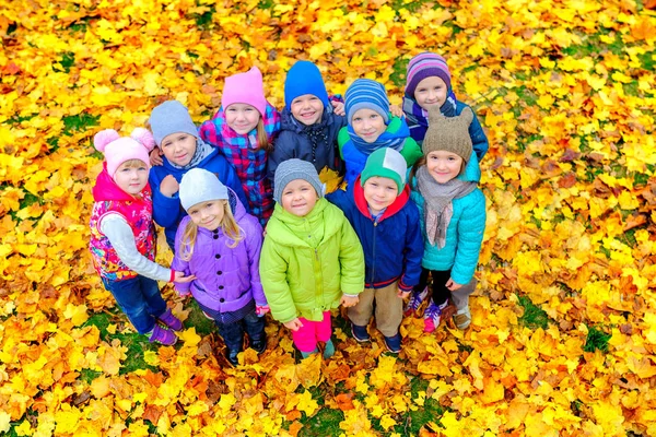 A large group of friends are walking in an autumn park, hugging each other and smiling