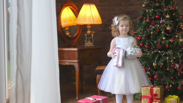 Hermosa Chica Vestido Elegante Con Regalos Mano Cerca Del Árbol — Vídeos de Stock