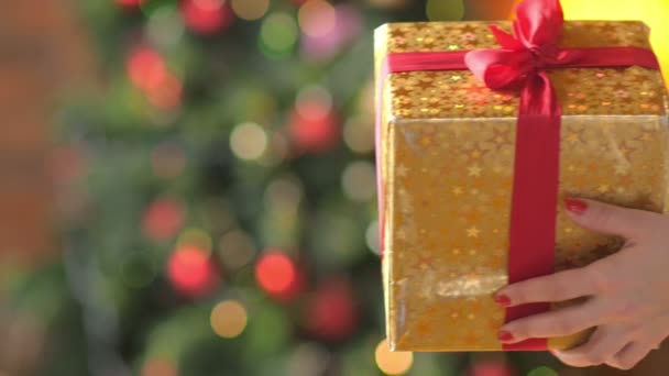 Мама Дає Подарунок Дочки Тлі Різдвяна Ялинка — стокове відео