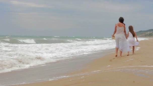 ママと彼の最愛の娘 海岸に沿って歩いているビーチ帽子を押しながらチャット — ストック動画