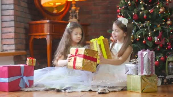 Elbiseli Güzel Kızlar Noel Ağacının Yanında Yere Oturur Hediyelerini Verir — Stok video