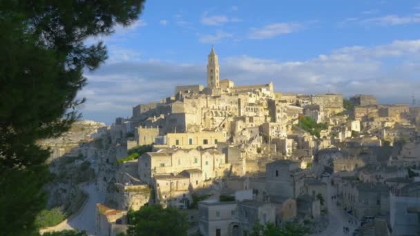 Panorama Antigua Ciudad Matera Atardecer Italia — Vídeos de Stock