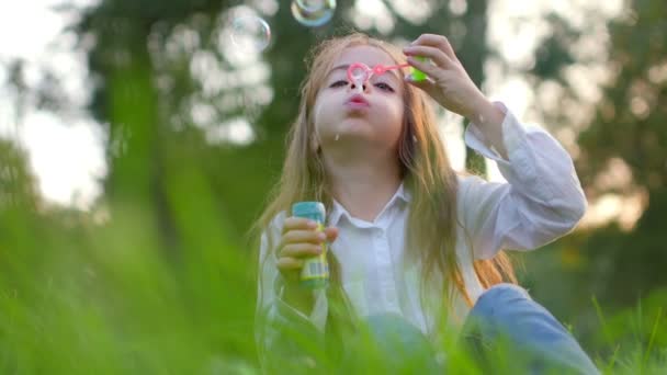 Gyönyörű Lány Fűben Parkban Lehetővé Teszi Hogy Buborékok Gyermekjátékok — Stock videók