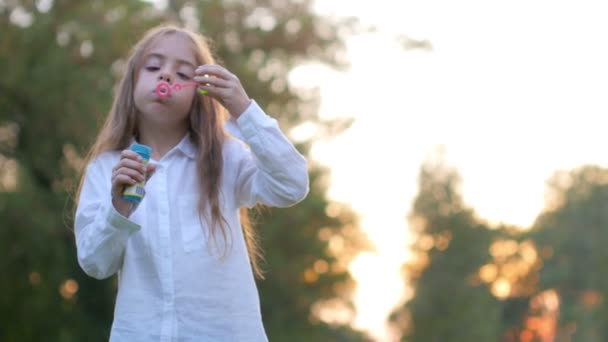 Menina Bonita Parque Noite Divertindo Deixando Bolhas Jogos Infantis — Vídeo de Stock