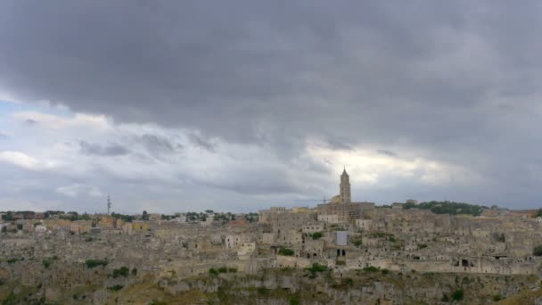 Panorama Der Mittelalterlichen Stadt Matera Abend Italien Europa — Stockvideo