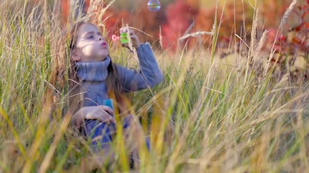 Menina Feliz Jogando Parque Outono Soprando Bolhas Divertindo — Vídeo de Stock