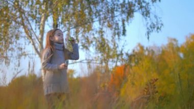 Mutlu küçük kız sonbahar parkında oynuyor, kabarcıklar çıkarıyor ve eğleniyor.