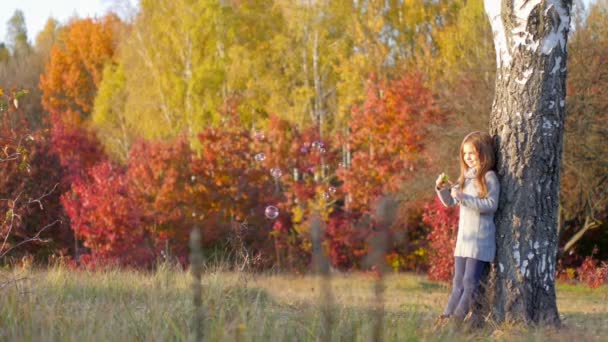 Красивая Девушка Играющая Осеннем Парке Раздувая Пузыри Веселясь — стоковое видео