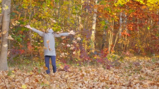 Schönes Mädchen Spielt Herbstpark Wirft Laub Und Hat Spaß — Stockvideo