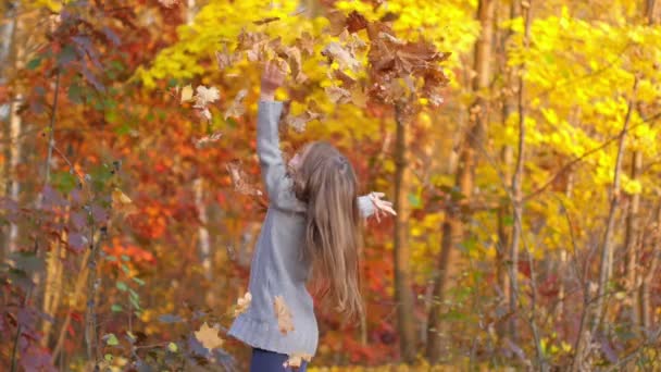 Gelukkig Meisje Spelen Plezier Het Herfst Park Gooit Bladeren Lacht — Stockvideo