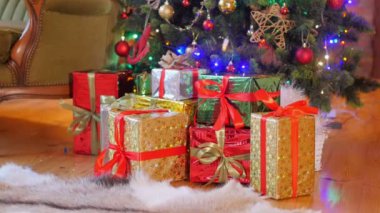 Ağacın altında bir sürü hediye var. Genç bir kız Noel ağacının altına hediye getirmiş.
