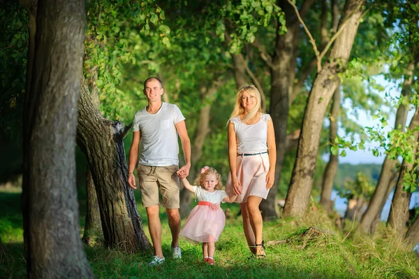 Familia Feliz Camina Parque Junto Lago Por Noche Tomados Mano — Foto de Stock