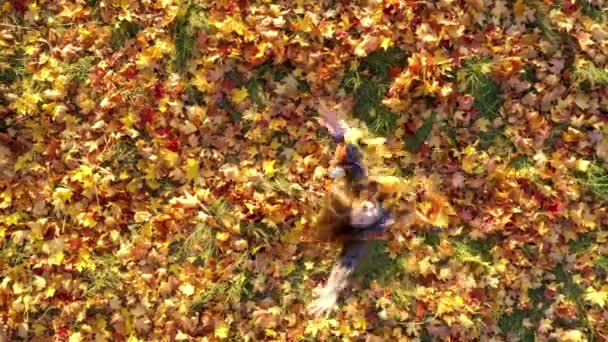 Top View Happy Cute Girl Autumn Coat Takes Throws Yellow — Wideo stockowe