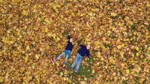 空中ビデオ公園の秋の落ち葉の上に横たわる幸せな子供たち 子供たちは遊び 晴れた秋の公園で楽しみます — ストック動画