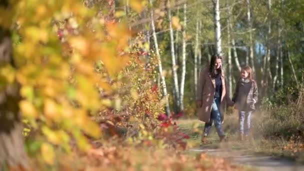Mãe Feliz Caminha Com Sua Filha Parque Outono Família Está — Vídeo de Stock