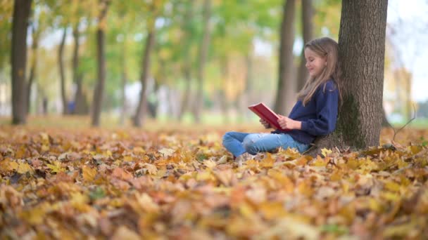 Дівчинка Шкільного Віку Читає Книгу Яка Сидить Під Великим Осіннім — стокове відео