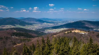 Çayırdan dağların tepesine bak.