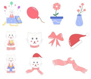 Şirin çizgi film kedi çizimi seti, tatlı pastel rengi, Noel ve Yeni Yıl teması