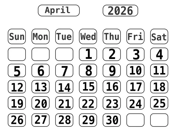 Siyah Çizgi Sanat 2026 Takvim Şablonu Arkaplan Yok, Nisan 2026